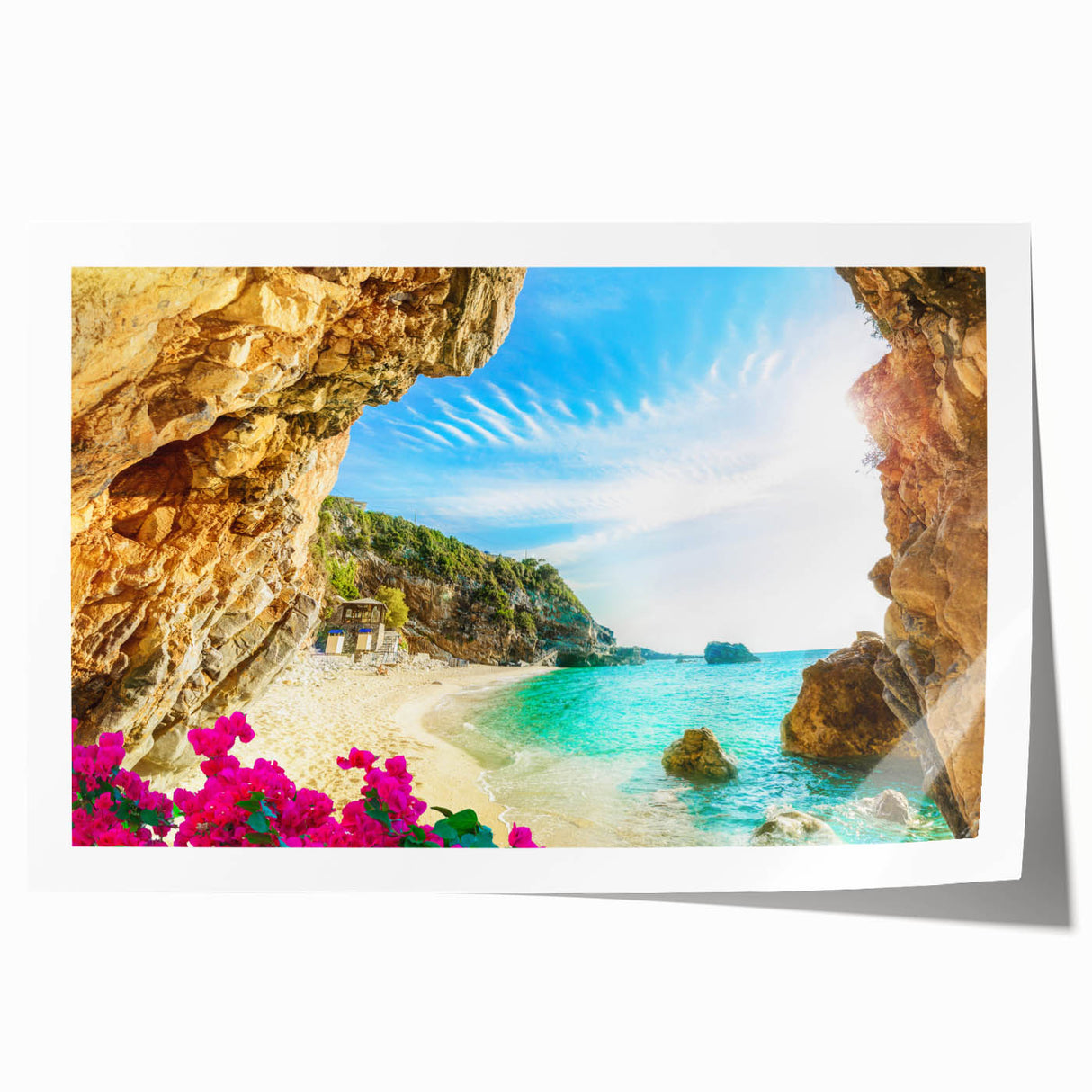 Extra large rolled print of a European Greek scenery in pastel shades, ideal for dining room wall art.