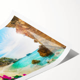 Extra large wall art of line art flowers on a rolled print, featuring a scenic European (Greece) landscape in muted tones.