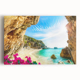 Black and white photo of a scenic Greek landscape on stretched canvas, ideal for kitchen wall art.
