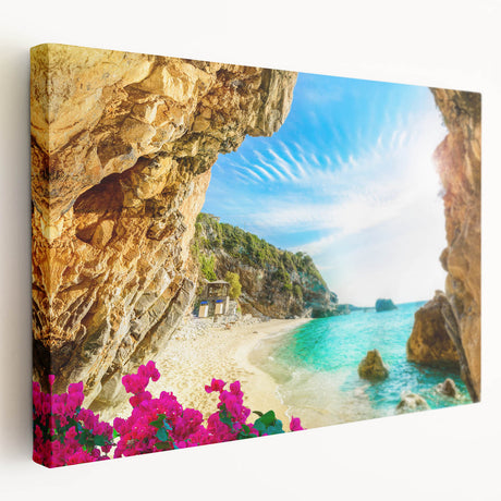 Panoramic view of a Greek seaside village on a large stretched canvas, with soft blue and white tones.