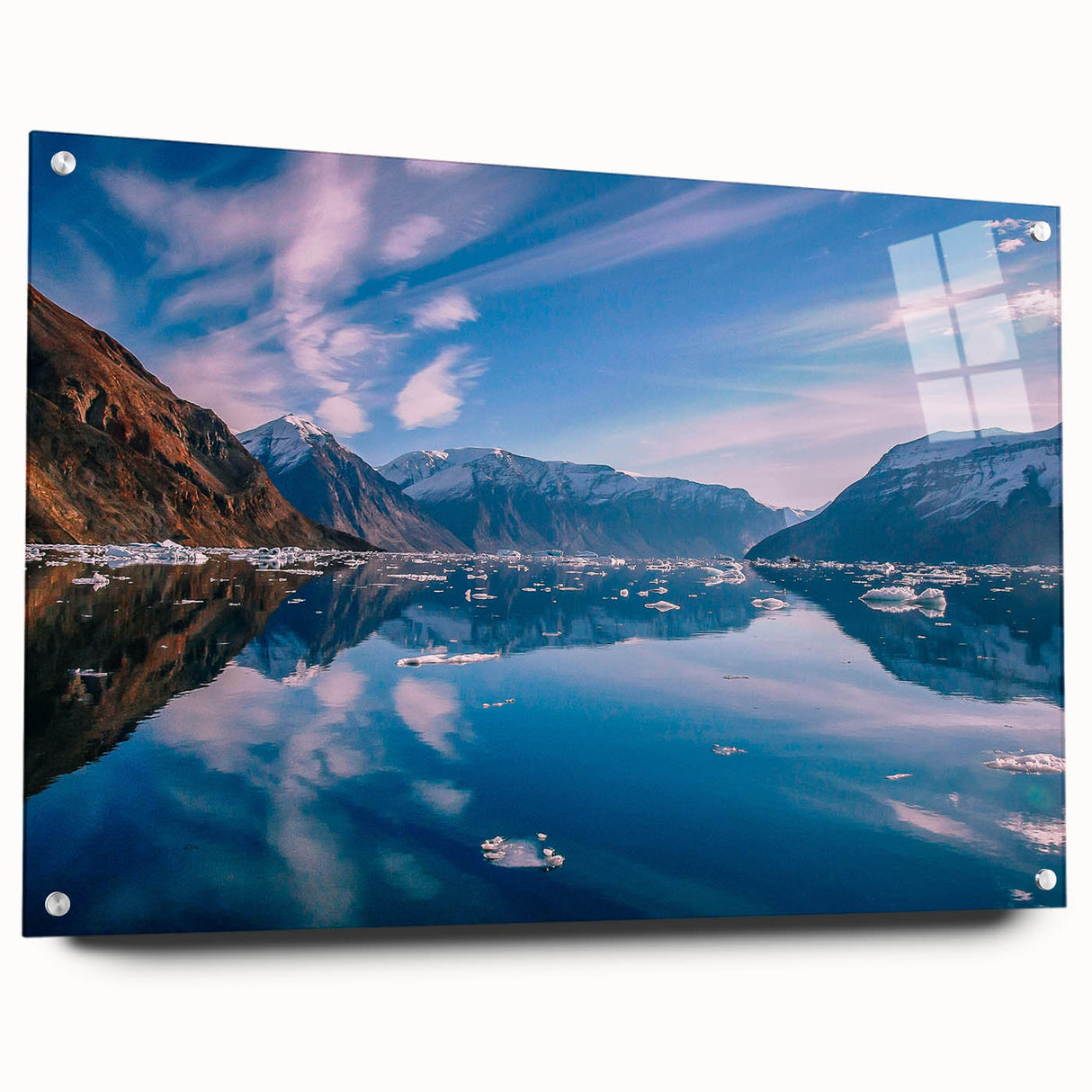 Acrylic print of a Greenland landscape in muted green and blue tones, ideal for dining room ambiance.