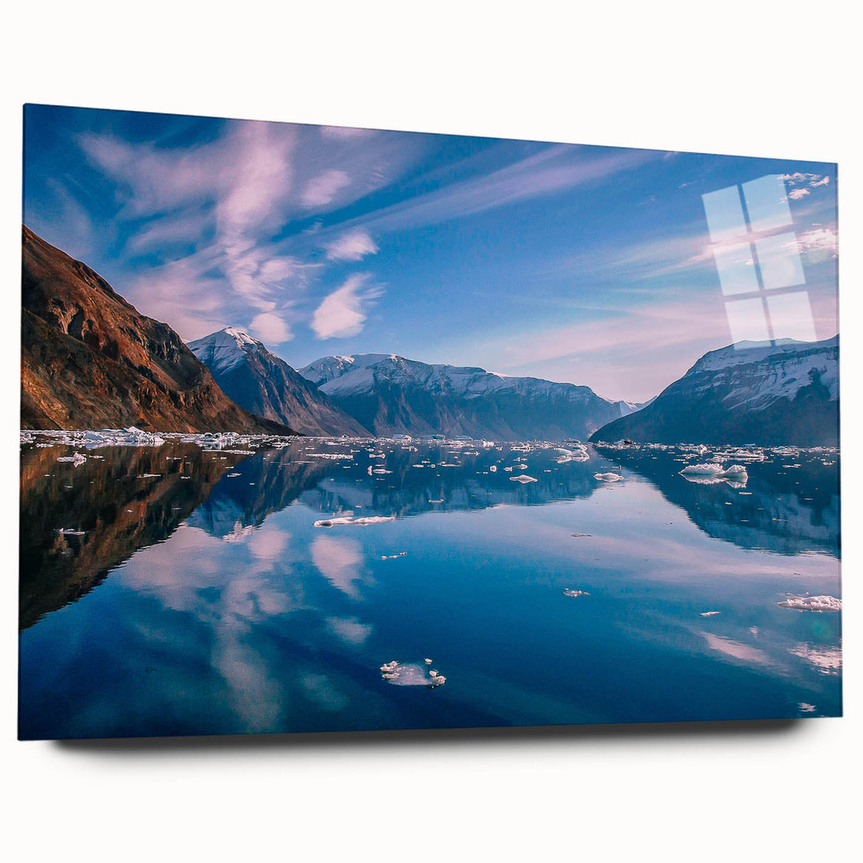 Large abstract wall art of Greenland scenery in muted green and blue tones on acrylic glass.