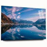 Large abstract wall art of Greenland scenery in muted green and blue tones on acrylic glass.