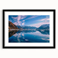 Extra large abstract art print of a colorful Greenland scenery on textured canvas, framed in black.