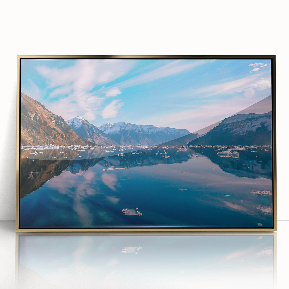 Acrylic print of a Greenland landscape in art deco style, with muted green and gold tones, ideal for modern art wall decor.