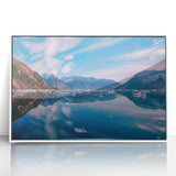 Mid-century modernist art depicting Greenland scenery in muted green and white tones on a framed acrylic print.