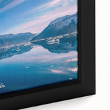 Extra large black wall art depicting a textured Greenland scenery on framed canvas, featuring vibrant green and blue tones.