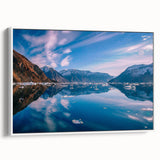 Vintage poster art of a Greenland scenery on framed canvas, featuring muted green and white tones.