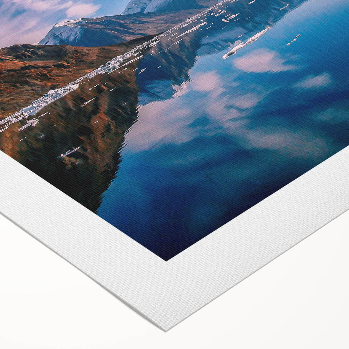 Art deco poster of a serene Greenland landscape on rolled canvas, with muted green and blue tones.