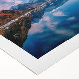 Art deco poster of a serene Greenland landscape on rolled canvas, with muted green and blue tones.