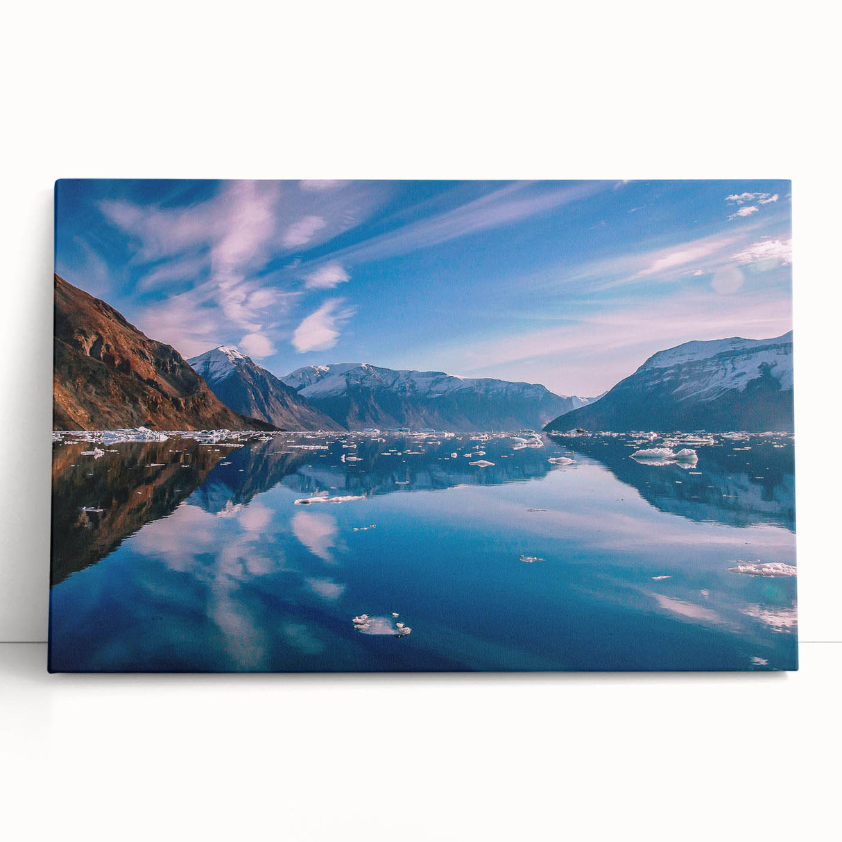 Large black and white photograph of a Greenland landscape on stretched canvas, ideal for kitchen wall art.