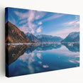 Large art print of a Greenland scenery on stretched canvas, featuring muted green and blue tones, ideal for kitchen wall art.