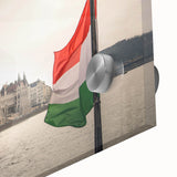 Large abstract wall art depicting a European scenery in vibrant hues on acrylic glass, suitable for dining room ambiance.