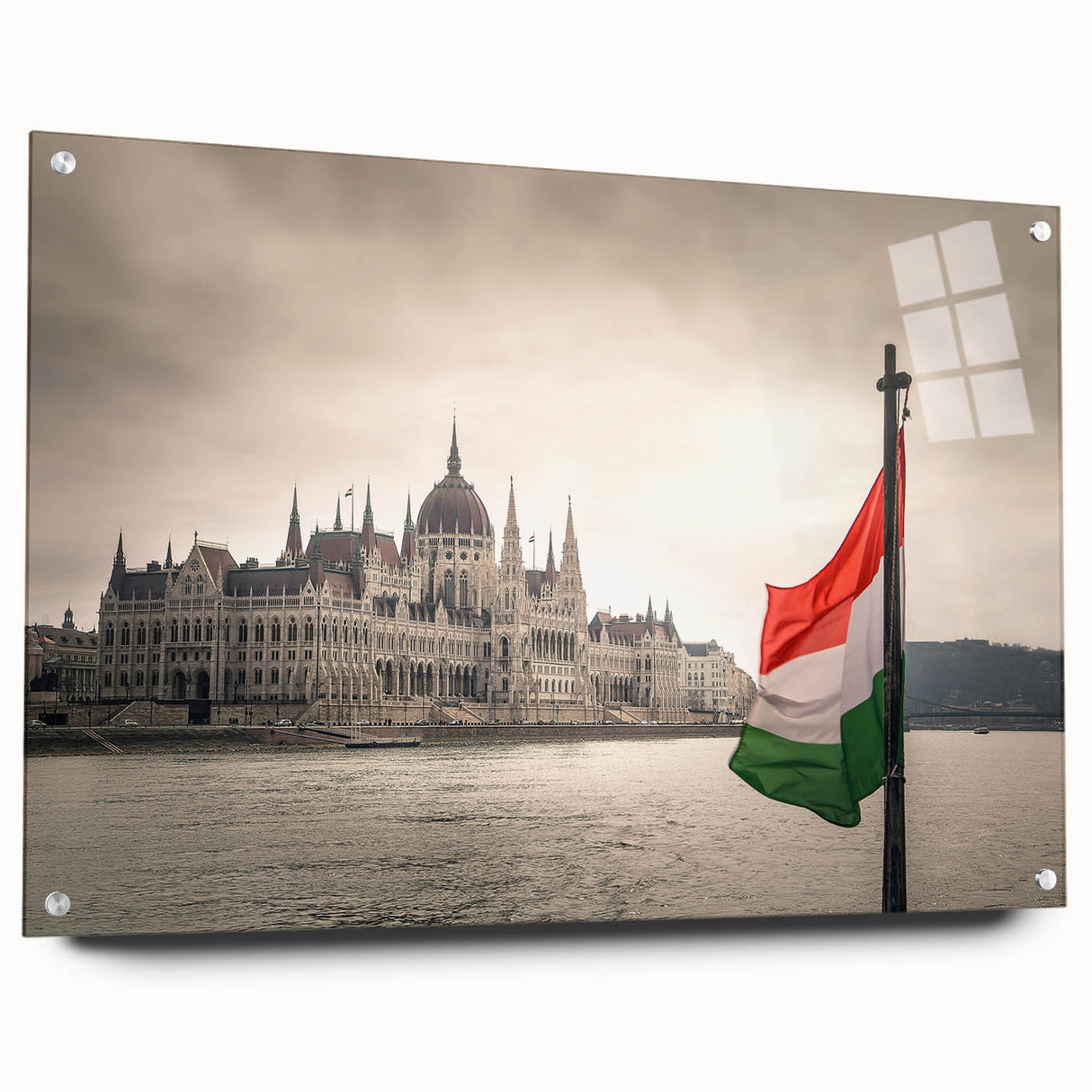 Acrylic print of a European cityscape in muted blue and gray tones, suitable for dining room decor.