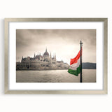 Extra large abstract art print of a textured European scenery, in muted earth tones on a framed canvas.