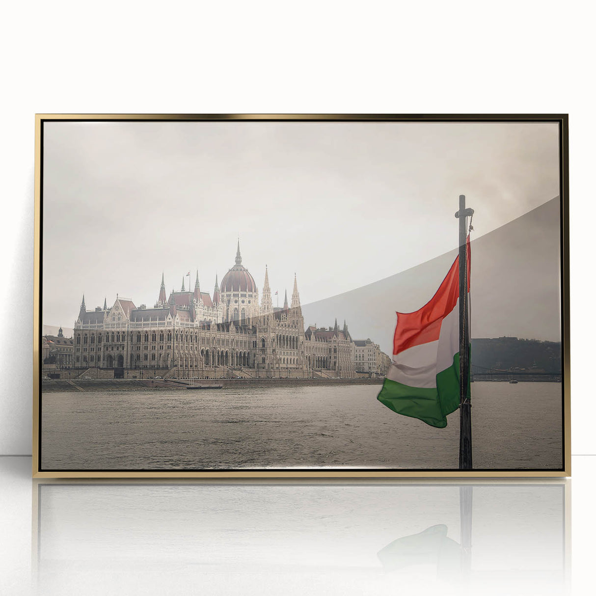 Art deco poster of a European cityscape in gold and black tones, acrylic framed, suitable for modern art wall decor.