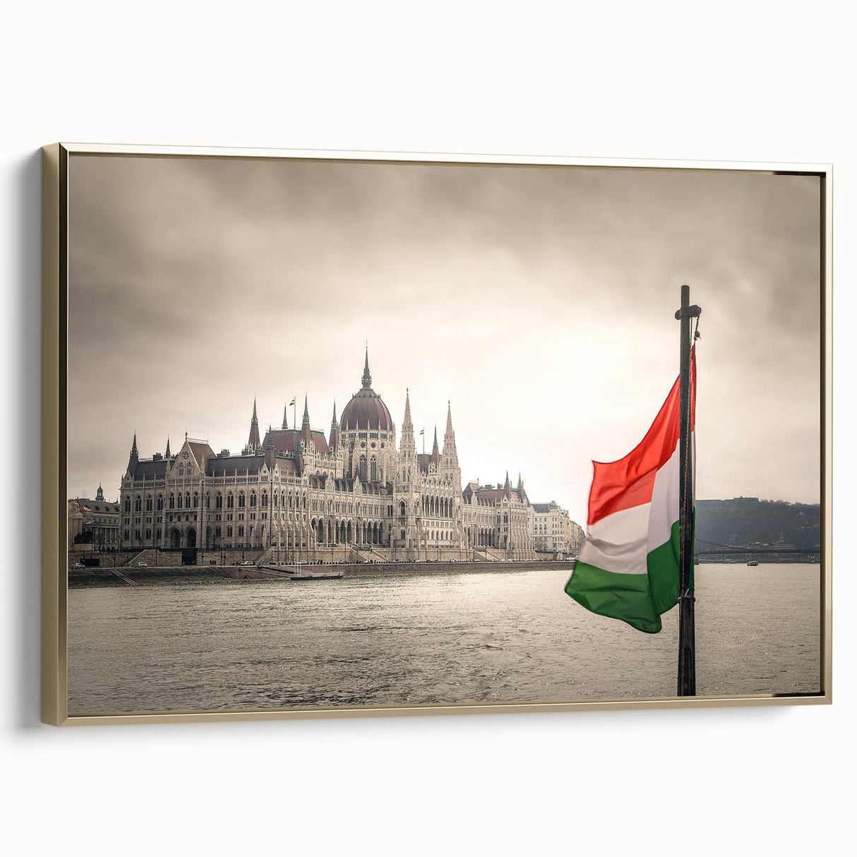 Framed canvas depicting a vintage European landscape in muted gold and black tones, ideal for bedroom wall decor.