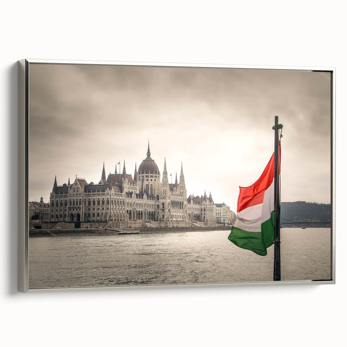 Framed canvas of a vintage-style landscape painting depicting a colorful Hungarian scenery, ideal for living room decor.