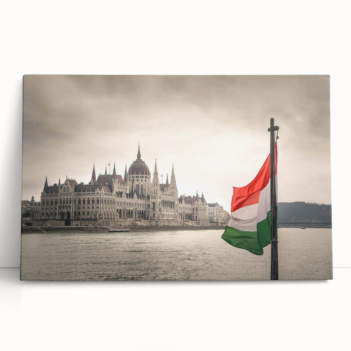 Large black and white stretched canvas of a European cityscape, ideal for kitchen wall art.