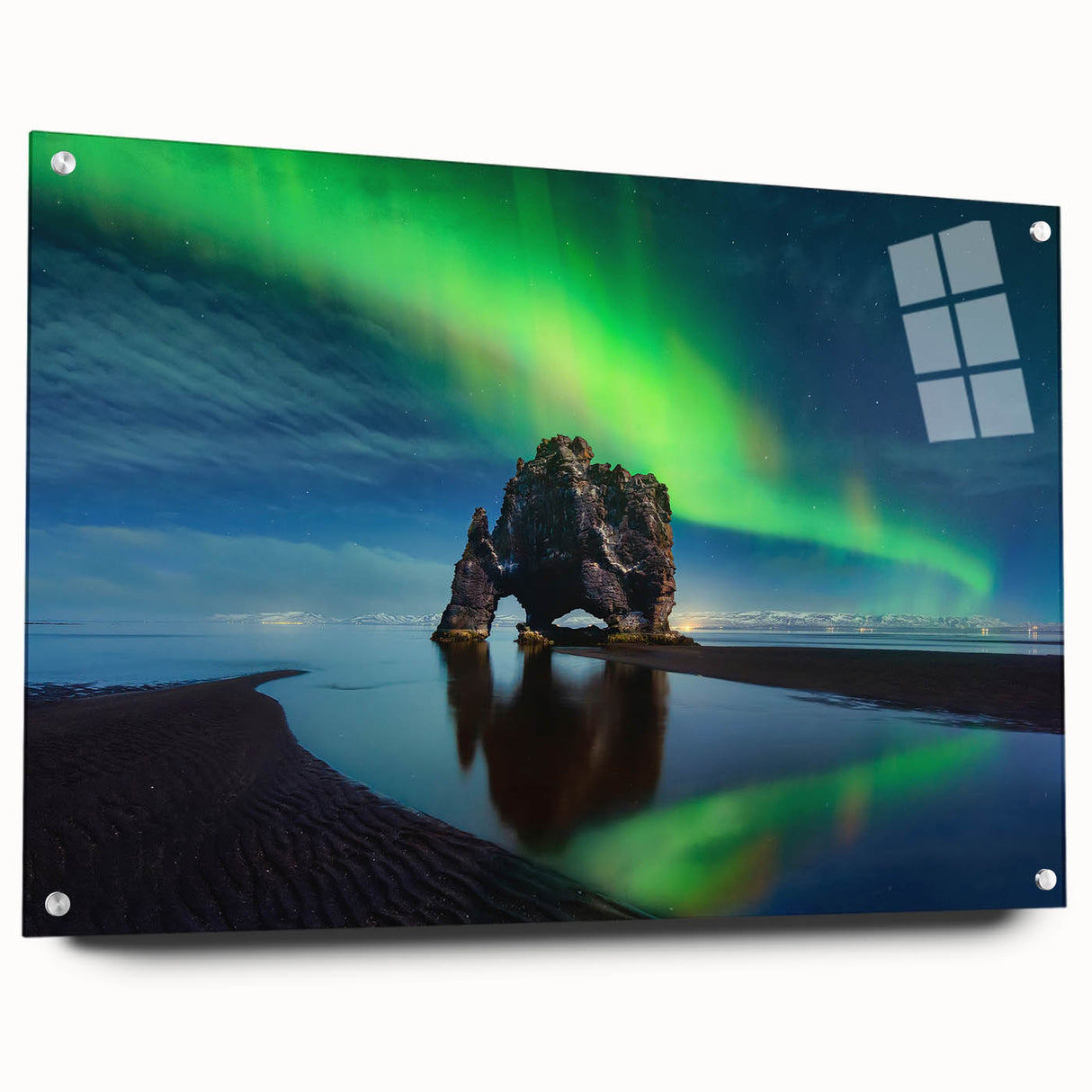 Acrylic print of an expansive Icelandic landscape in muted earth tones, suitable for bedroom or dining room decor.