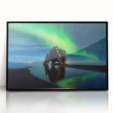 Large abstract wall art print of a European Iceland scenery in muted gray and blue tones on a framed acrylic.