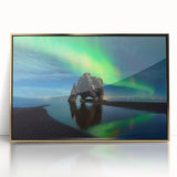 Acrylic print of a serene Icelandic landscape in muted gray and blue tones, framed in gold.