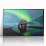 Large art print of a serene Icelandic landscape in muted blues and grays on a framed acrylic.