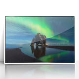 Mid-century modernist art depicting a serene Icelandic landscape in muted blue and white tones, framed acrylic.