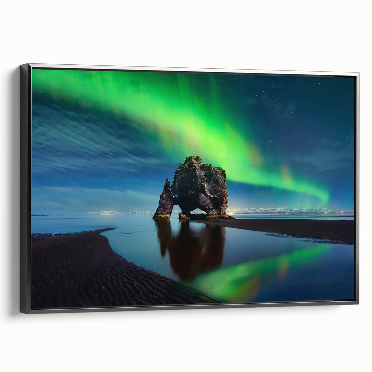 Black and white framed canvas featuring a vintage Icelandic landscape, ideal for bedroom wall art.