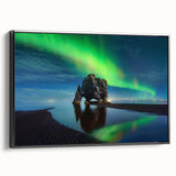 Black and white framed canvas featuring a vintage Icelandic landscape, ideal for bedroom wall art.