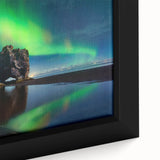 Extra large framed canvas featuring a textured black and colorful Icelandic scenery, ideal for living room decor.