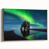 Framed canvas featuring a black and white vintage landscape painting of Iceland, ideal for bedroom wall art.