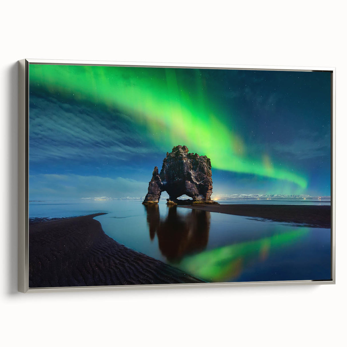 Framed canvas landscape art painting of a European Icelandic scene in muted grays and blacks, ideal for office decor.