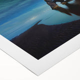 Art deco poster of Iceland scenery in muted blue and gray tones on rolled canvas, suitable for dining room wall art.