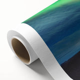 Art deco poster of an Icelandic landscape in muted green and blue tones on rolled canvas, ideal for nursery wall art.