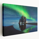 Icelandic landscape with muted green and blue tones on a large stretched canvas, suitable for kitchen wall art.