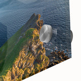 Large abstract depiction of an Irish landscape in muted green and blue tones on acrylic glass, suitable for dining room art.