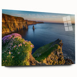 Large abstract depiction of an Irish landscape on acrylic glass, featuring cool green and blue tones.