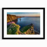 Abstract art print of a colorful Irish landscape, in a black frame with mat, ideal for living room decor.