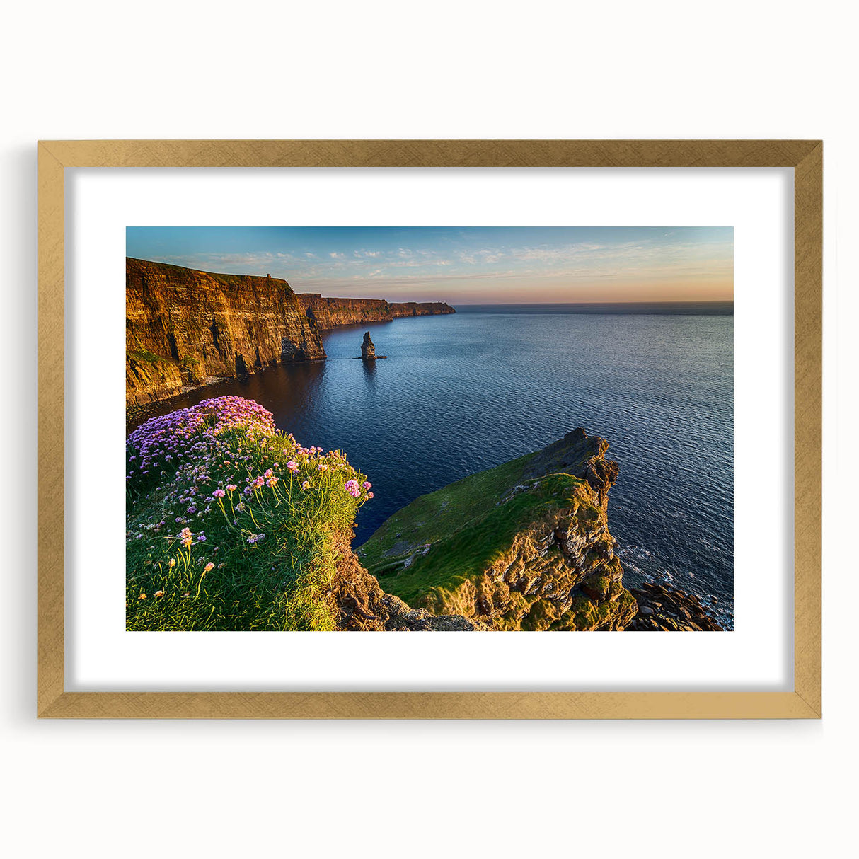 Abstract art print of a European Irish landscape in muted green and blue tones, framed in gold, ideal for dining room decor.