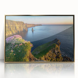 Acrylic print of a serene Irish landscape in muted greens and blues, framed in gold.