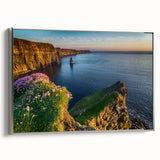 Landscape art painting of a scenic Irish countryside on framed canvas, featuring vibrant green and muted gray tones.