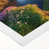 Art deco poster of a serene Irish landscape in muted green and blue tones, on rolled canvas, ideal for dining room decor.