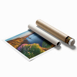 Rolled print of an Irish landscape featuring lush greenery and floral elements, ideal for classy bathroom wall art.