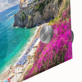 Large abstract depiction of the Amalfi Coast in muted blue and green tones on acrylic glass, suitable for dining room art.