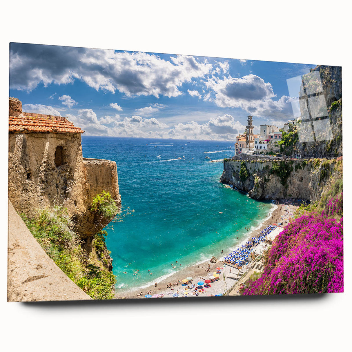 Large abstract wall art of the Amalfi Coast in vibrant blue and white tones on acrylic glass.