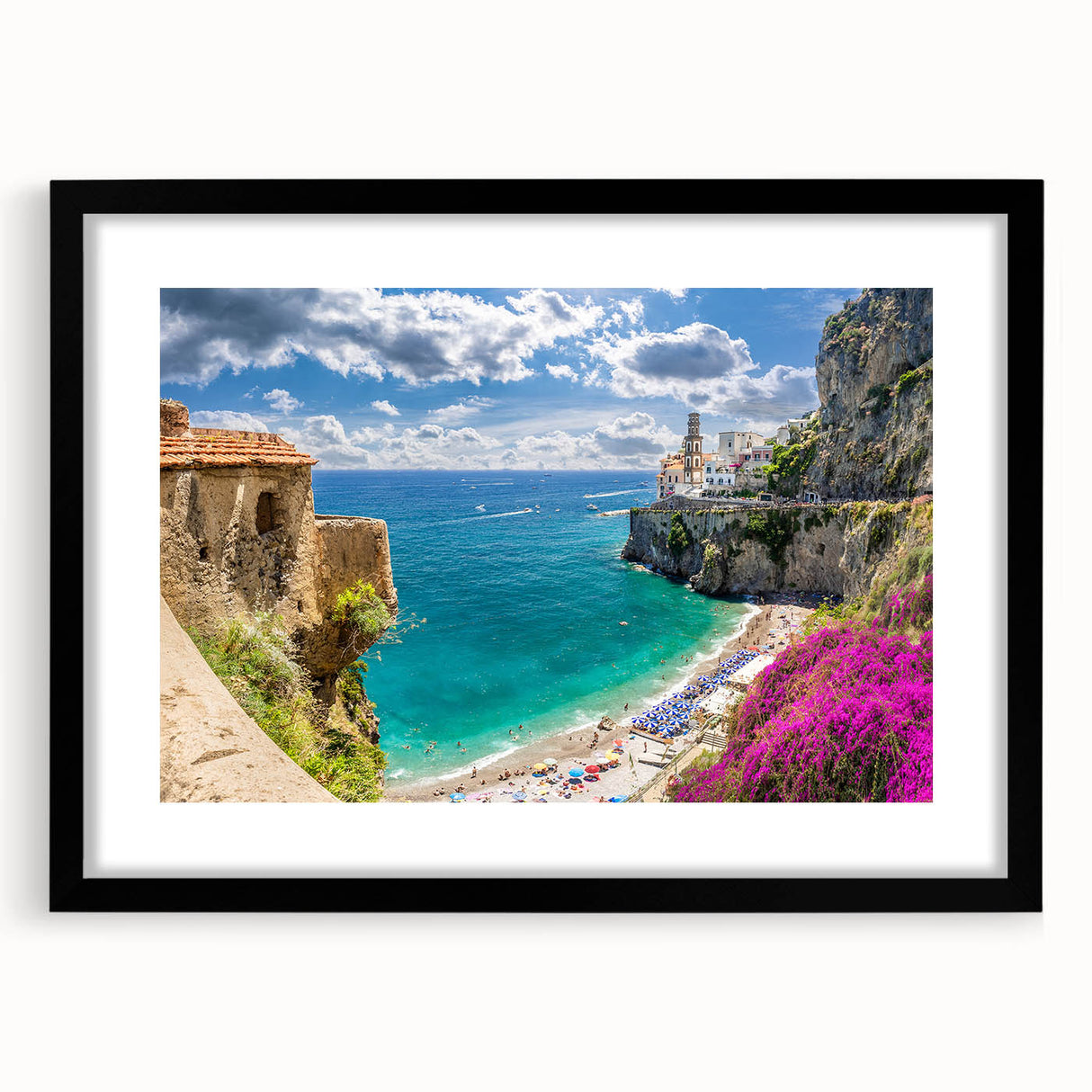 Colorful abstract art print of the Amalfi Coast in vibrant hues on a large framed canvas, suitable for living room decor.