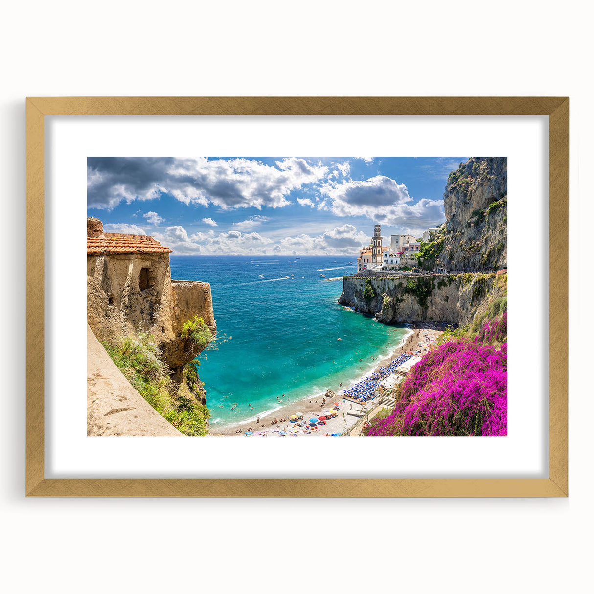 Abstract art print of the Amalfi Coast in pastel shades on a framed canvas, ideal for dining room decor.