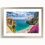 Extra large textured abstract art print of Amalfi Coast in muted earth tones on a framed canvas, ideal for living room decor.