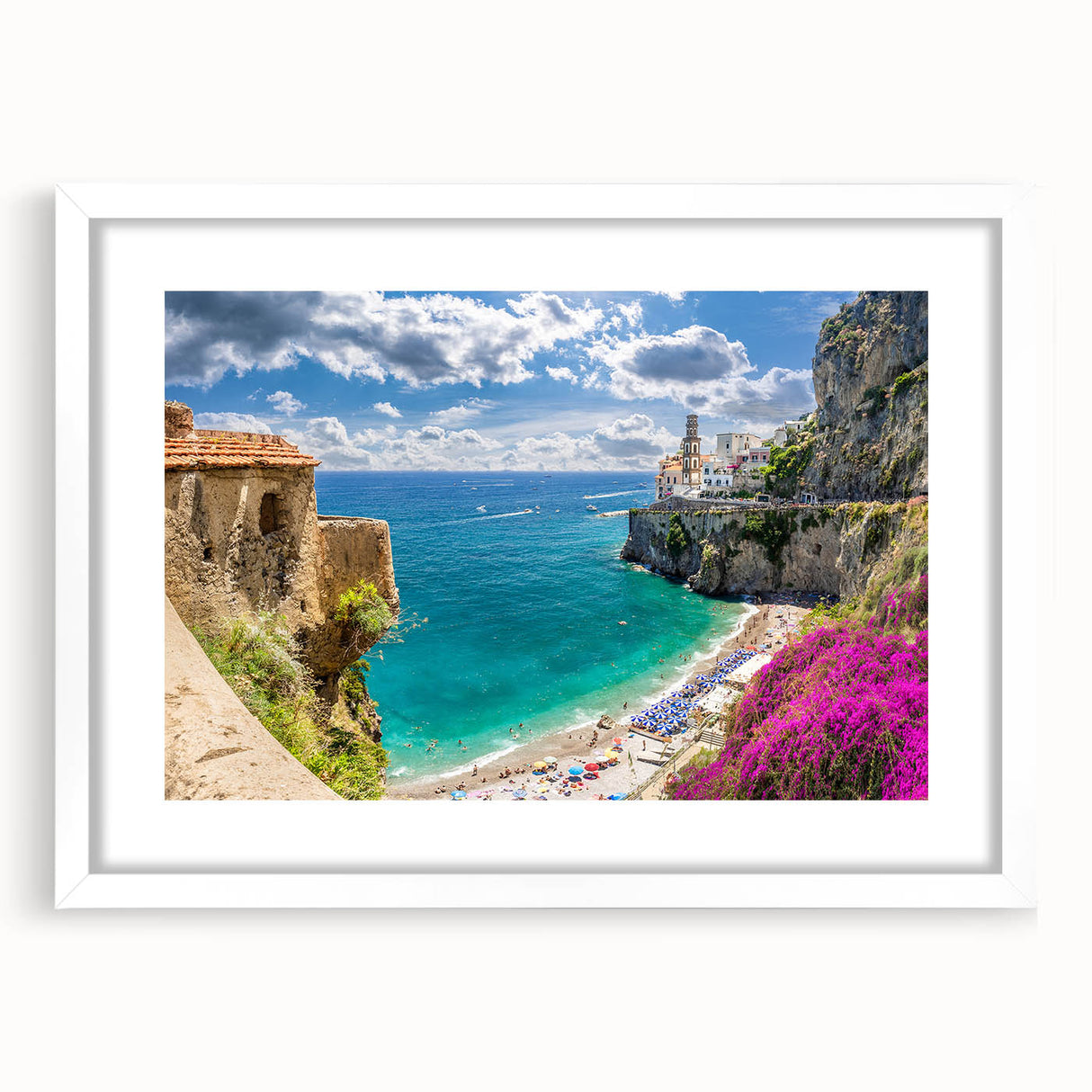Textured art print of the Amalfi Coast in muted blue and white tones on a framed canvas, suitable for bedroom decor.